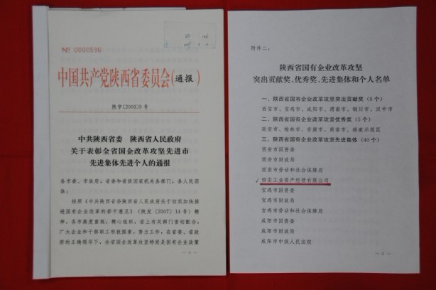 2009年2月，被陜西省委、省政府授予陜西省國有企業(yè)改革攻堅(jiān)先進(jìn)集體